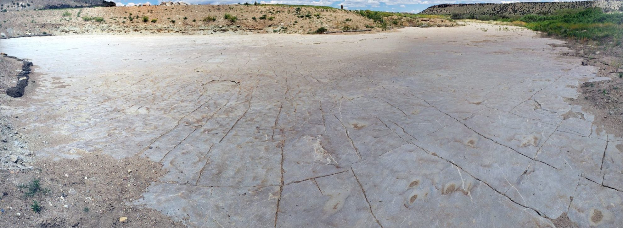 Large bedrock area along the near side of the river containing dinosaur tracks